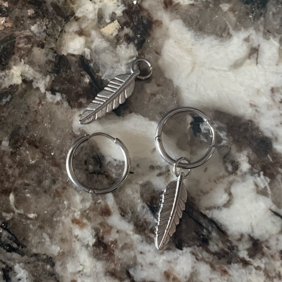 Stainless Steel Feather Dangle Hoop Earrings - Picture 2 of 4